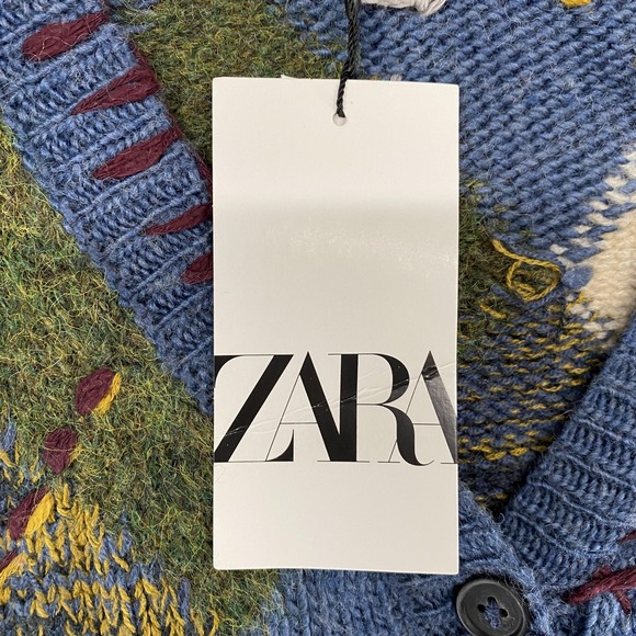 Zara Cardigan Sweater Womens Large Blue Argyle Button Front Patchwork Grandpa - Picture 7 of 15